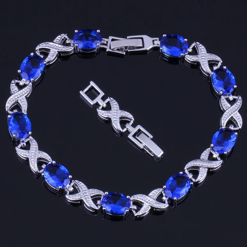 

Alluring Oval Blue Cubic Zirconia Silver Plated Link Chain Bracelet 20cm 22cm V0049