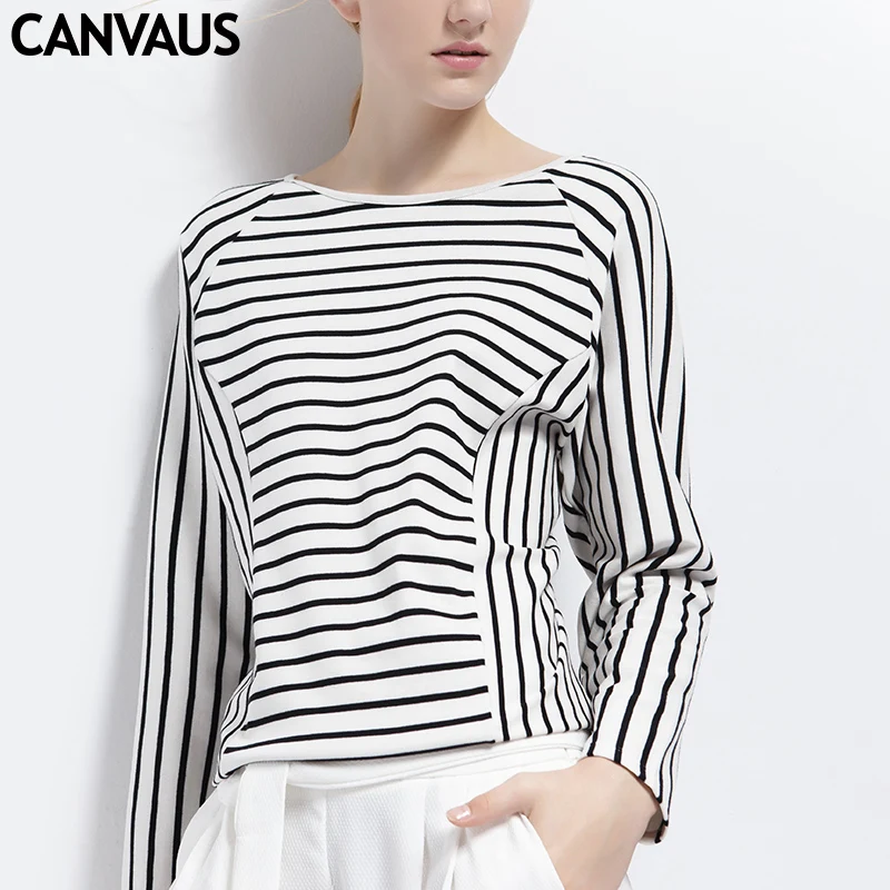 CANVAUS new coming striped pullovers women tops and tees female t shirt with original design o neck YM0164 | Женская одежда