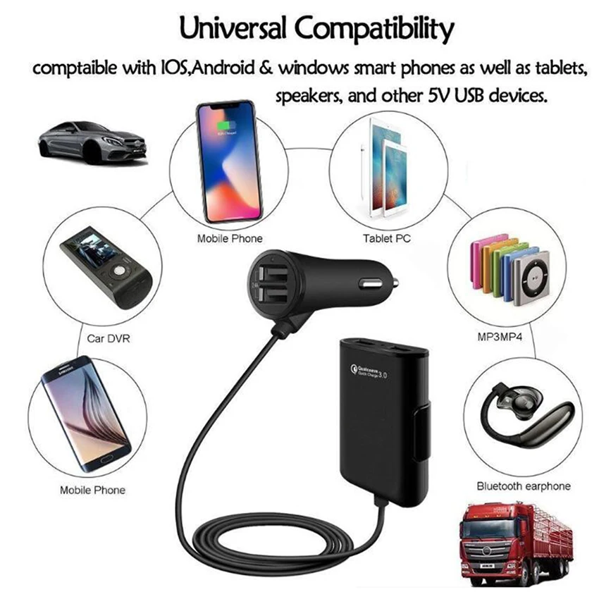 9.6A Max 4 порта USB Автомобильное зарядное устройство с расширяющимся