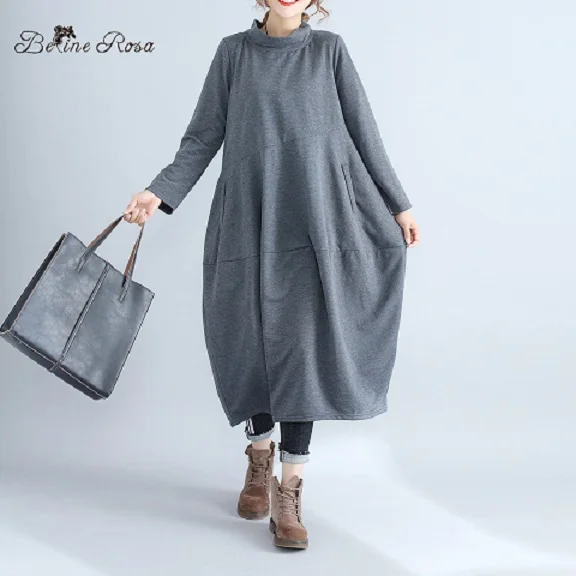 Основная женская одежда BelineRosa, Простое женское платье в стиле casual, Свободное платье с длинным рукавом, YPYC0017, 44-46 46-48 48-50 50-52 размер - Цвет: gray
