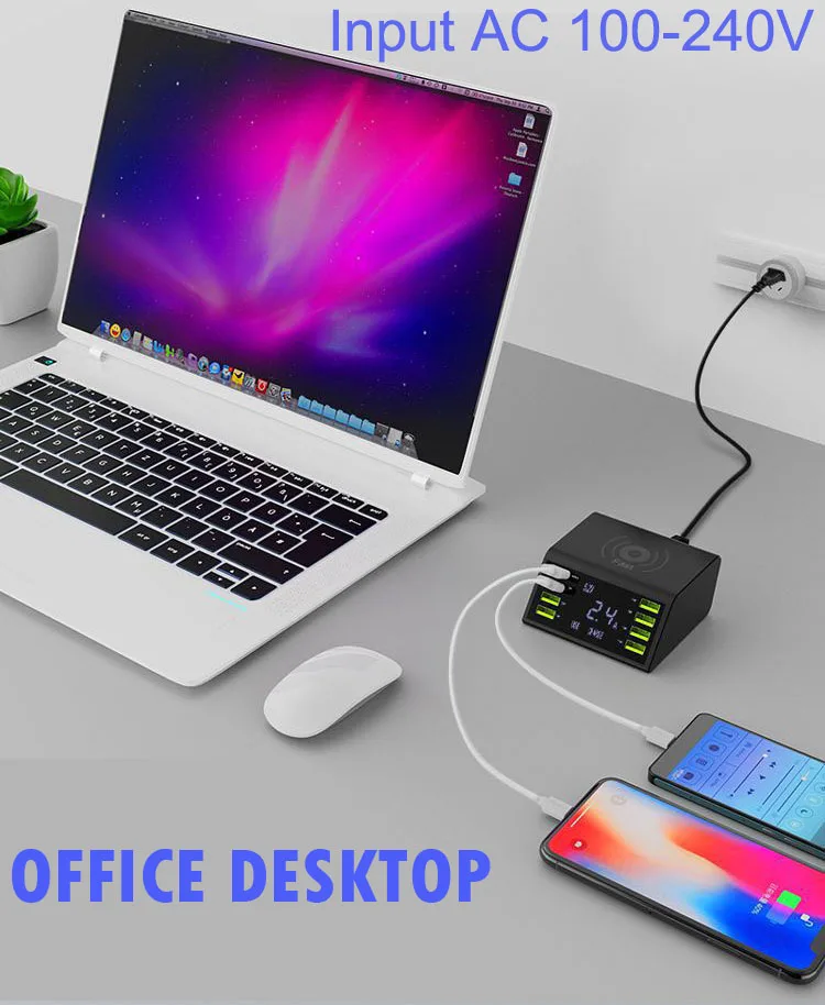 Универсальное беспроводное зарядное устройство USB Qi с 8 портами и ЖК дисплеем для