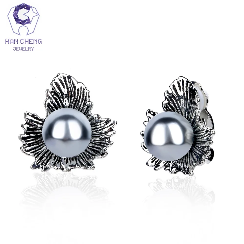 HanCheng Новые Модные Винтажные серьги-клипсы с металлическим листом и жемчугом для