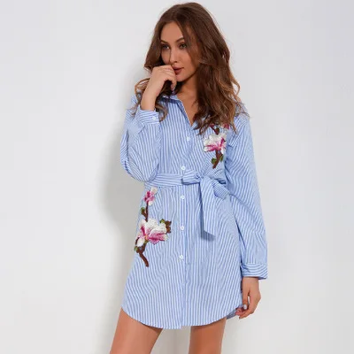Flyingtown Женские Длинные рукава в синюю полоску платье-футболка Цветочная вышивка с