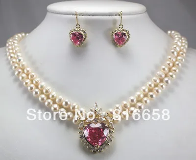 

New coming! 2 row white pearl necklace + heart pink zircon pendant earring set