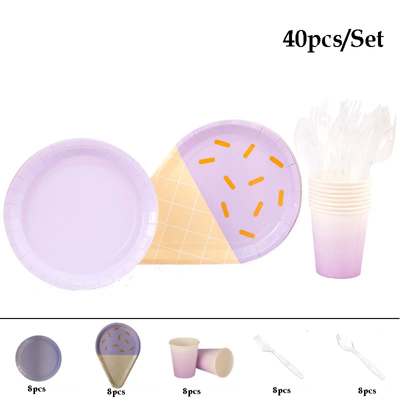 40pcs purple 40 шт./компл. в форме мороженого бумажные тарелки для вечеринок одноразовая посуда салфетка для чашек детский душ День рождения Свадебные принадлежности - Цвет: 40pcs purple