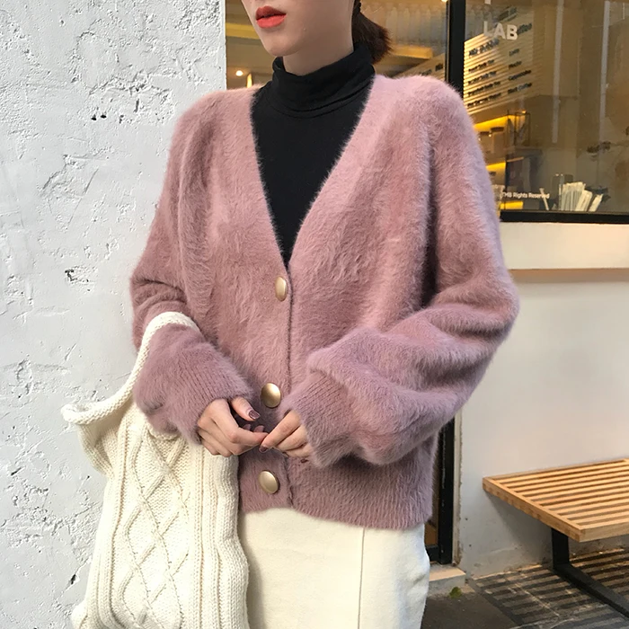 Faux Mink Cardigan Women Clothes 2020 Autumn Winter Outerwear V-Neck Kardigan Jumper Pull Femme Casual Loose sweater |