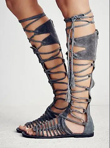 Hot Selling Brown Suede Lace-up Flat Sandals Boots Cut-out Tie Cross Strappy For Women Back Zipper Summer Beach Shoes | Обувь