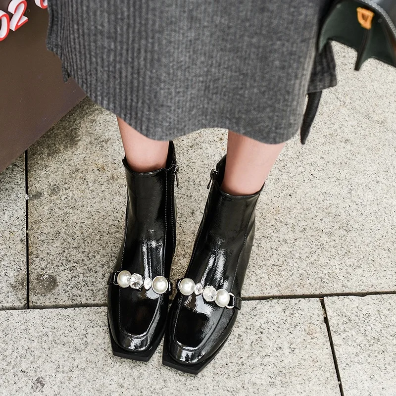 

brand fashion pantent leather ankle boots women thick mid heel zipper boots square toe autumn winter woman black shoes plus size