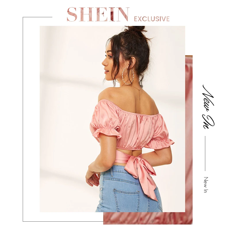 SHEIN атласная блузка с рюшами и манжетами, укороченный топ, сексуальный розовый однотонный топ с завязками сзади, женские летние блузки с открытыми плечами и короткими пышными рукавами