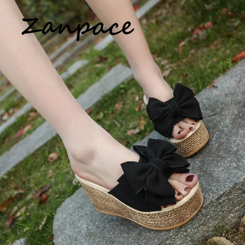 Шлепанцы женские из флока высокий каблук 9 см сланцы сандалии на танкетке с