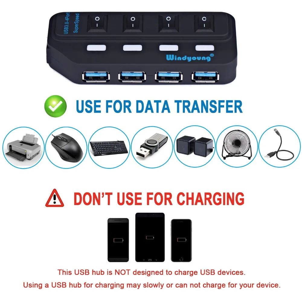 Usb-концентратор 3,0, 4 порта, usb-разветвитель 3,0, Суперскоростной концентратор для передачи данных, отдельные переключатели вкл/выкл, светодиодный usb-кабель, совместимое с usb-устройством