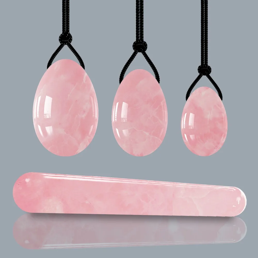 

4 PCS Drilled Yoni Egg Wand Set Natural Rose Quartz Jade Massager Stone Kegel Exercise Vaginal Ben Wa Ball Pleasure Stick Tool