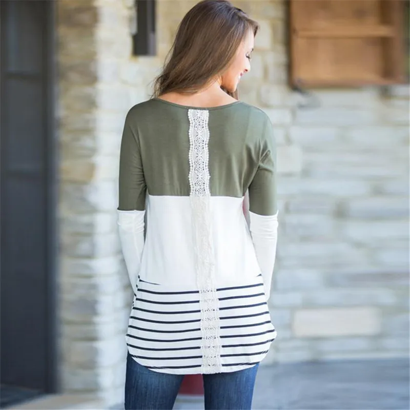 Женские топы и блузки 2019 модная Кружевная блуза в полоску с длинным рукавом