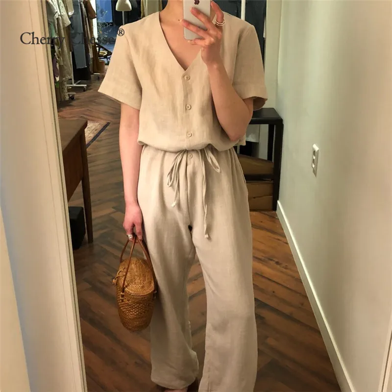 Cherry Chesse Твердые Кнопка Для женщин летние комбинезоны Drawstring V шеи комбинезон