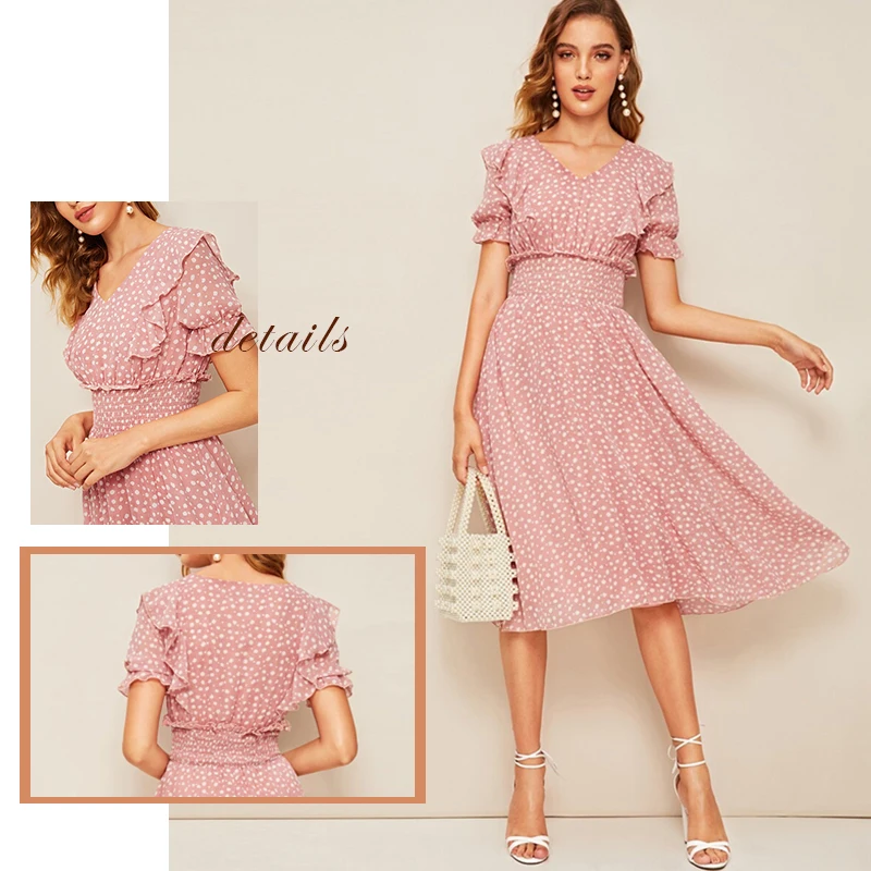 Sheinside Boho платье с v-образным вырезом и цветочным принтом для женщин, лето, рукав-волан, высокая талия, трапециевидные платья, женское платье миди в стиле бохо