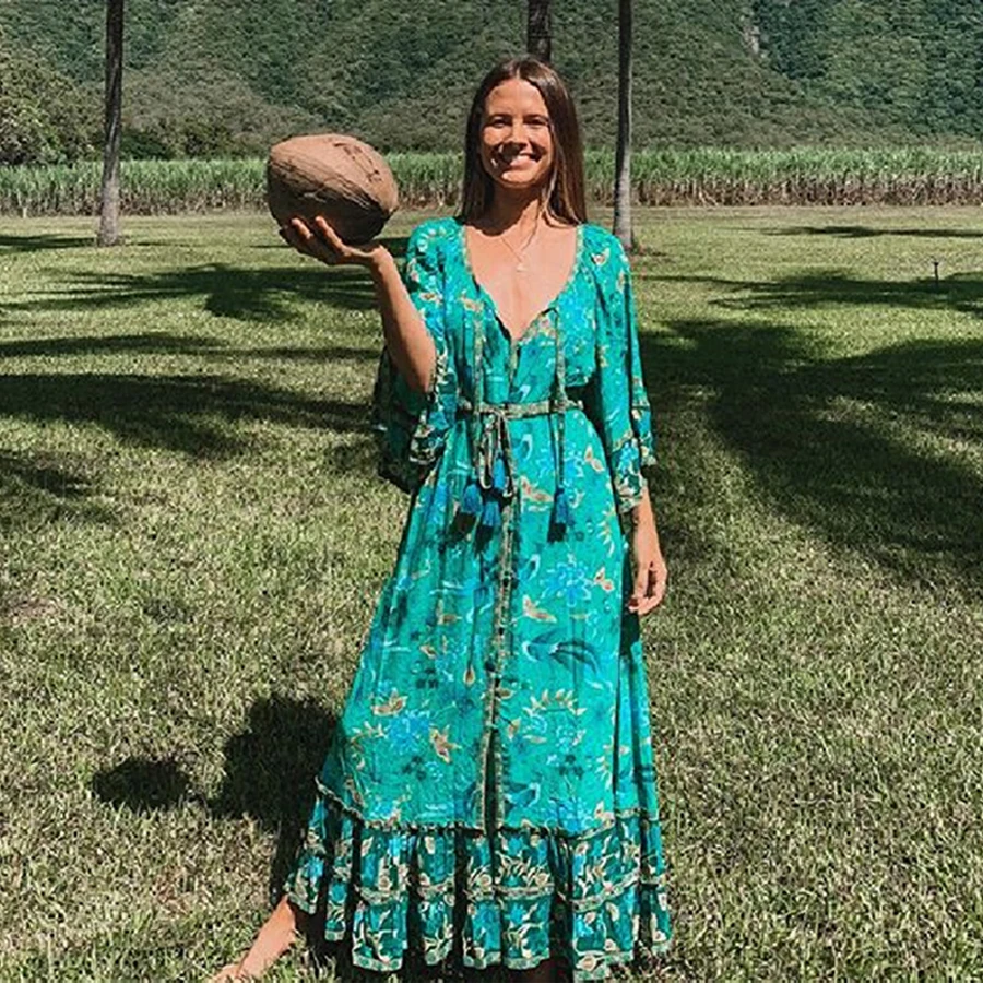 TEELYNN maxi women dresses Malachite green rayon ILONA Forest floral print summer Dresses Drawstring waist BOHO Dresses vestidos