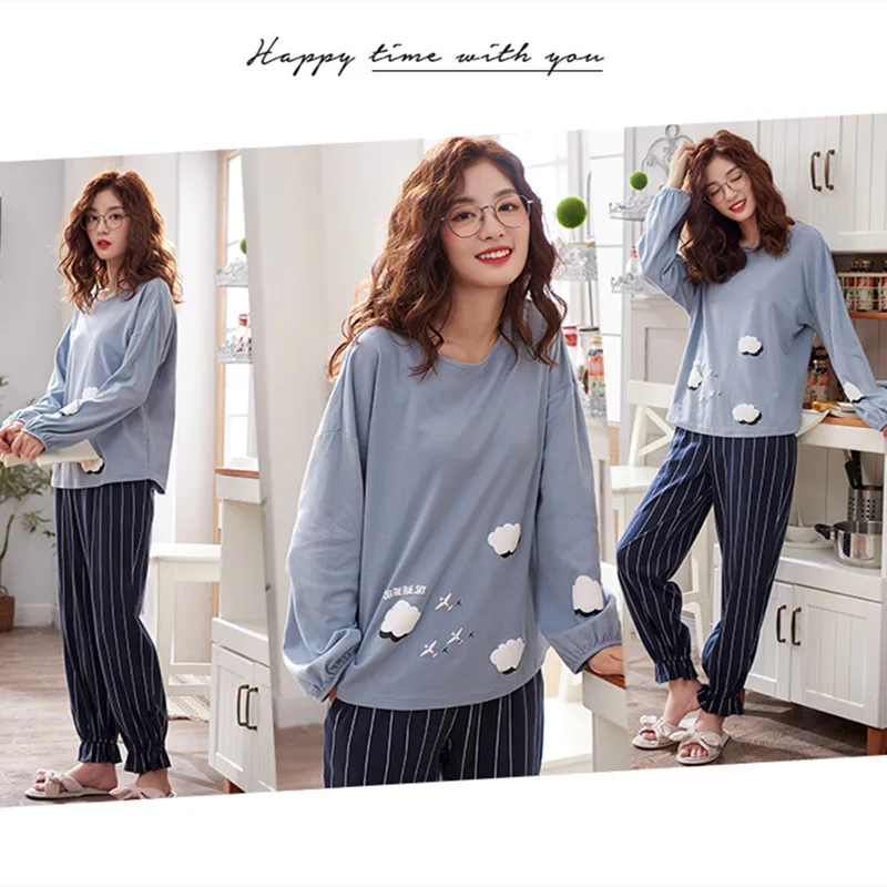 Весенне-осенняя Пижама женская Хлопковая пижама с круглым вырезом два комплекта