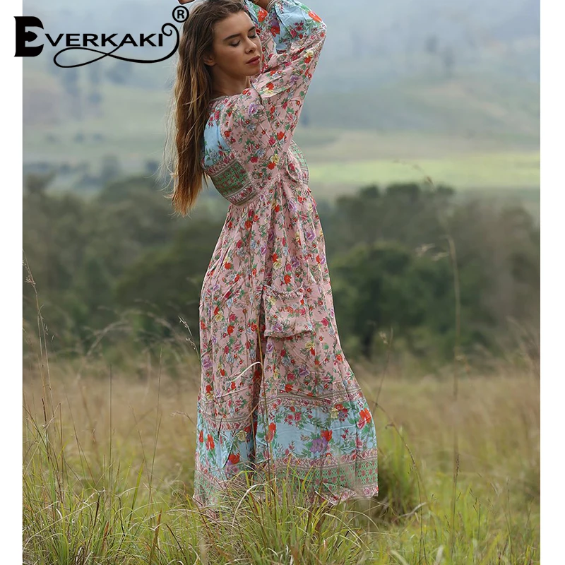 Everkaki Boho платье с цветочным принтом женское Цыганское Платье v образным вырезом и