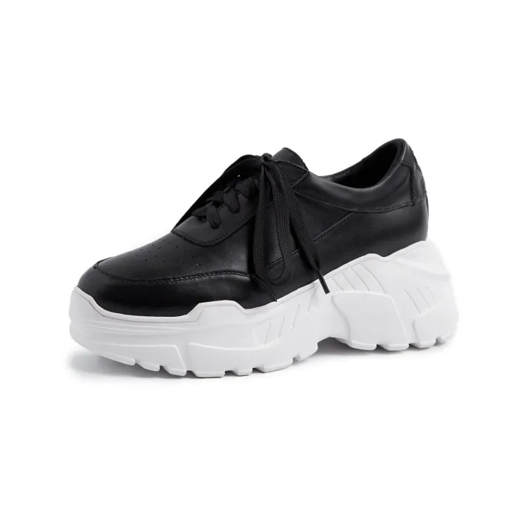 

2019 New Women Sneakers summer Fashion Genuine Leather Platform Lace-Up Round Toe Comfortable Casual Vulcanized shoes sport shoe
