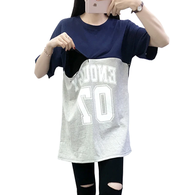 Сине серая Лоскутная футболка контрастных цветов с буквенным принтом для