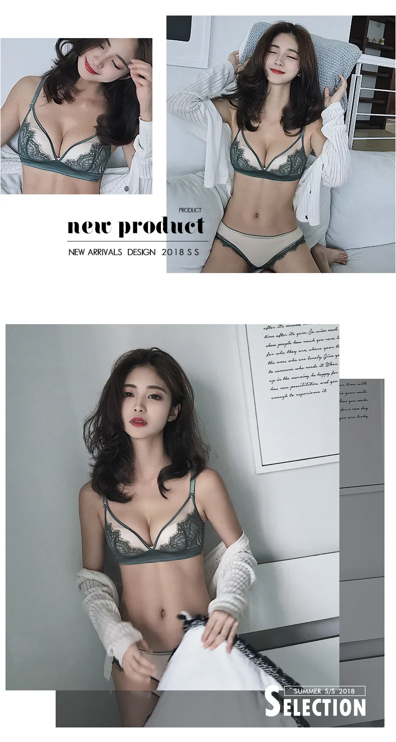 Sexy Lace Comfortable Bra Set Push Up Seamless Women Underwear Wire Free Padded Bralette Deep V Chest Women Lingerie Sets