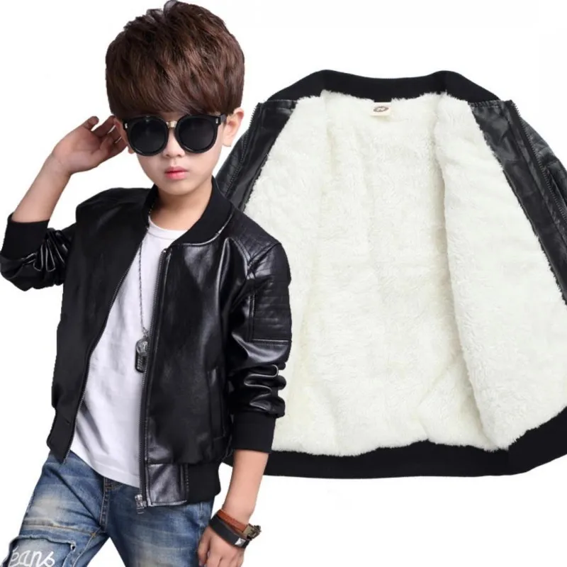 

Children Boys Winter Coat New 2019 Winter Thick Velvet Kids PU Leather Jacket Fashion Solid Children's Warm Clothes Outwears