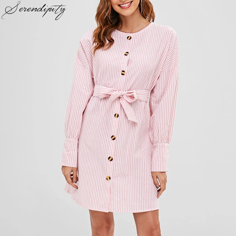 SRDP розовое Полосатое короткое платье на пуговицах женское летнее милое мини
