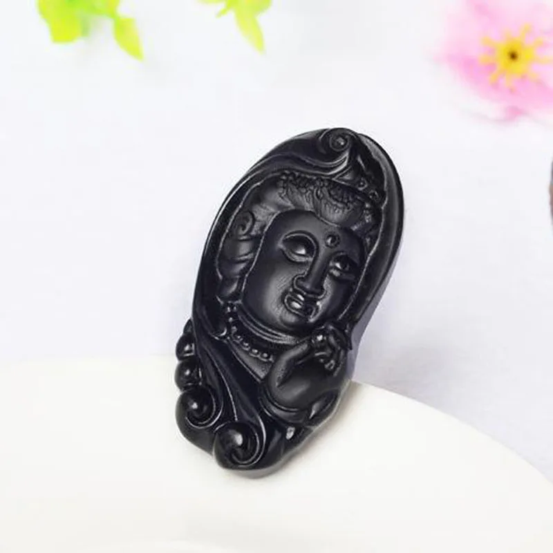 Красивая Ручная работа натуральный нефрит черный Обсидиан Резной Гуаньинь