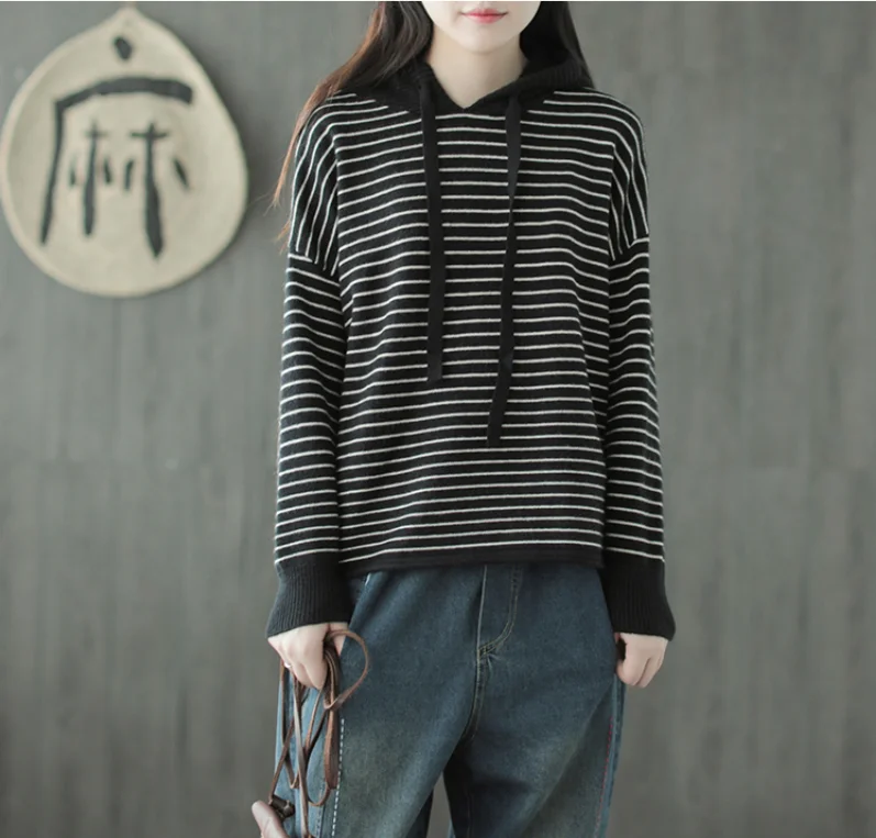 Autumn Sweater Women Fashion Loose Casual Tops New Mori girl Hooded Long-sleeved Striped High Quality Blended Female | Женская одежда
