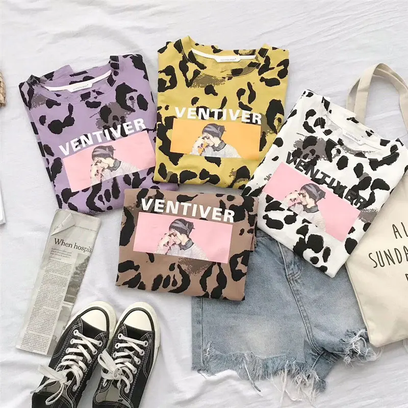 Летняя футболка Для женщин 2019 Модные свободные леопардовая расцветка с длинными