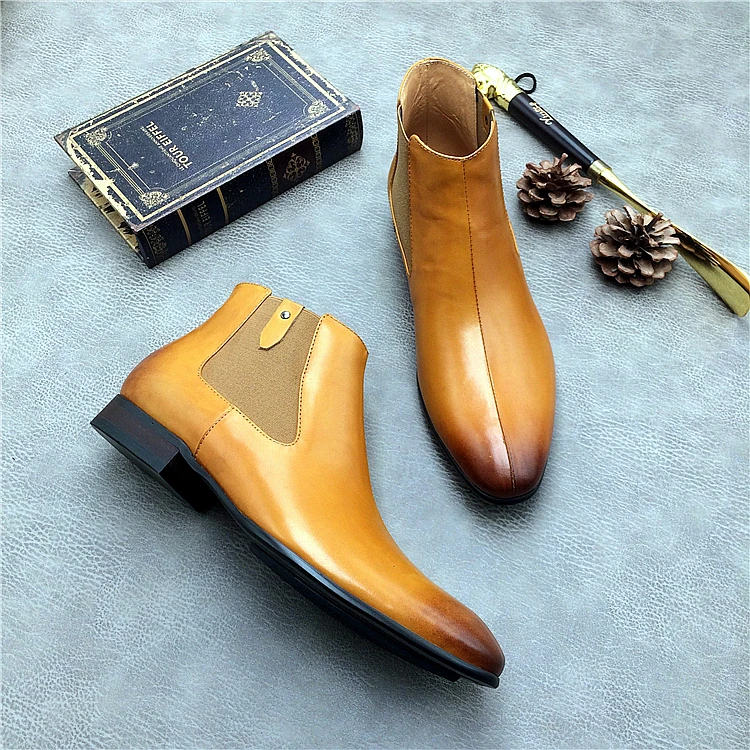 

Mens Genuine Leather Ankle Boots Shoes Yellow Black Italian Short Martin Boots Shoes Slip On Fashion Dress Wedding Party Shoes