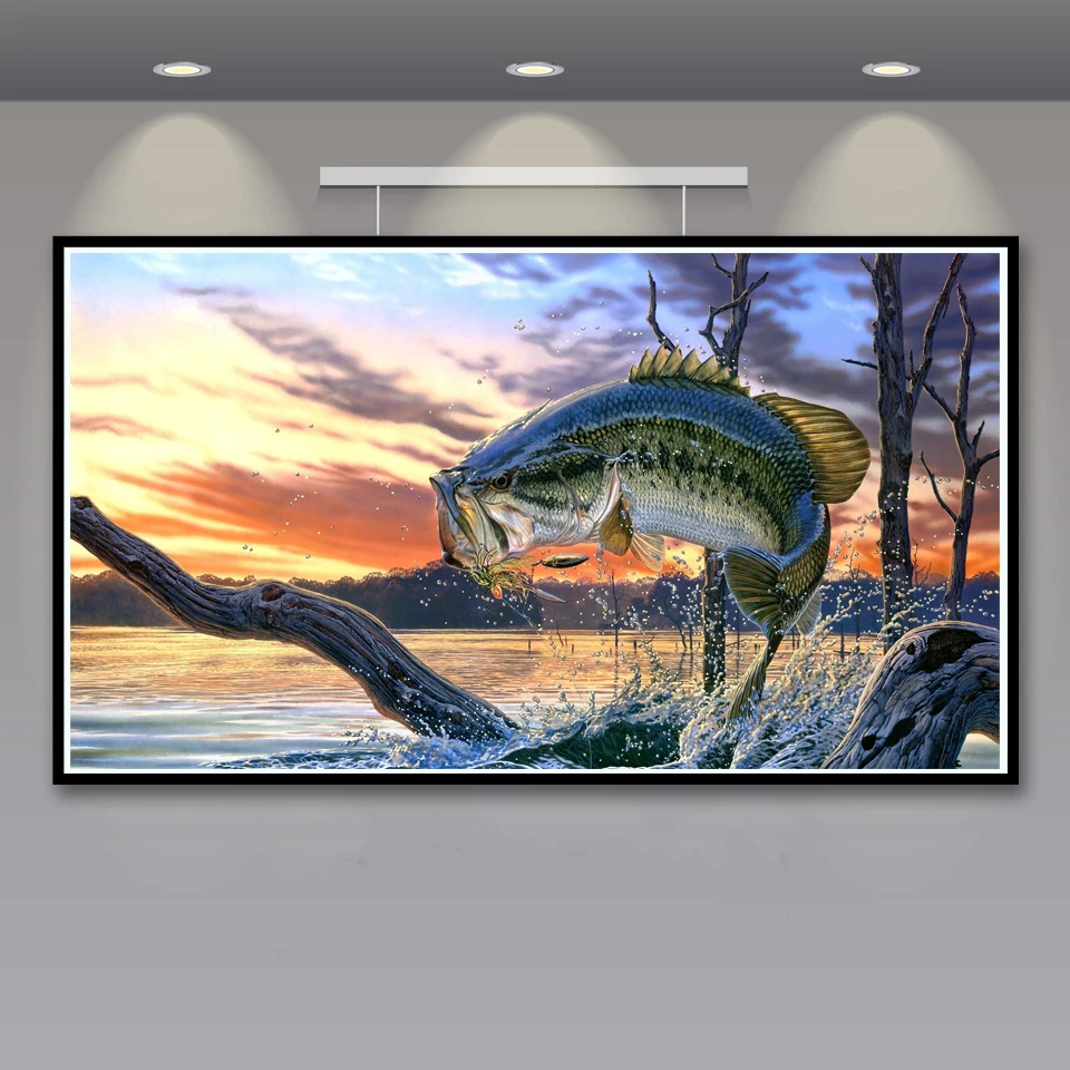 Большой рот бас вода Закат рыба животные постеры и принты Гостиная Искусство