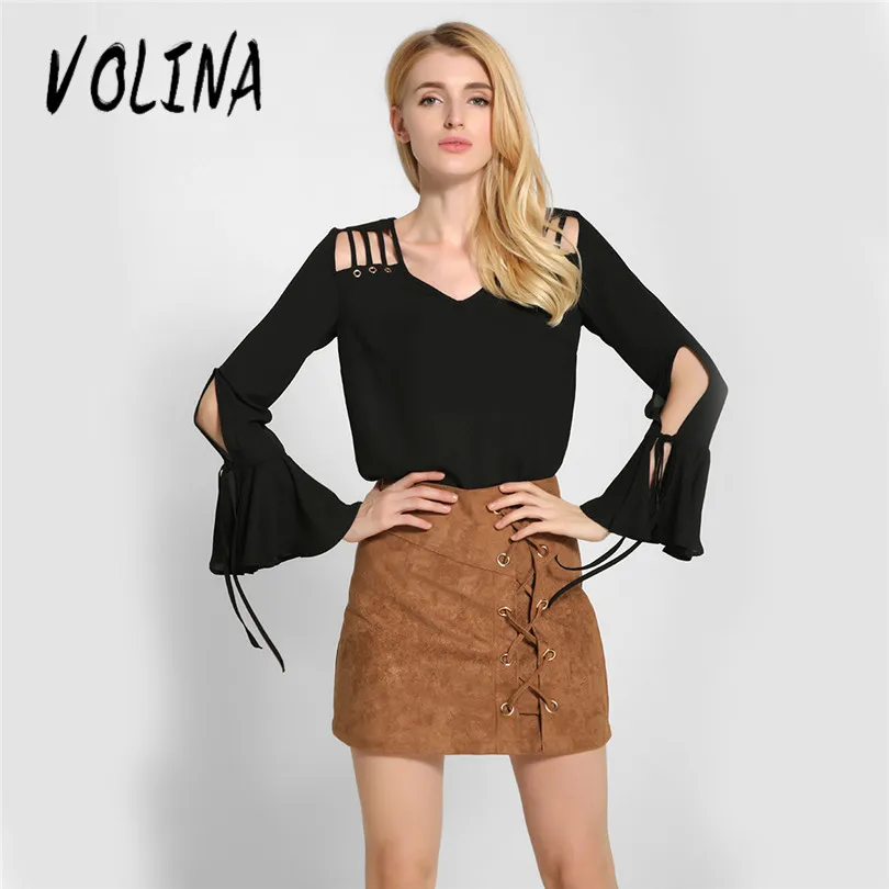 VOLINA chiffon shirt women tops long sleeve Flare red black ladies shirts summer hollow out plus size female fashion | Женская одежда