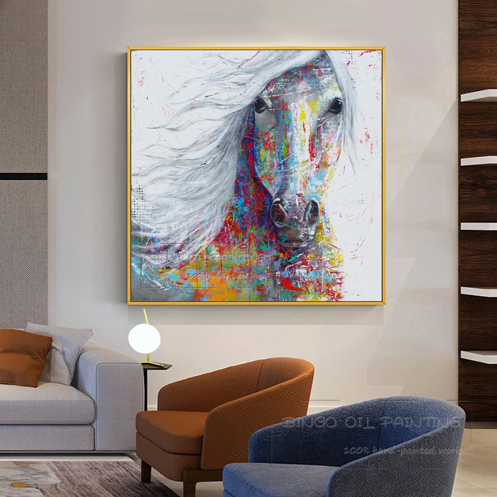 Ручная высококачественная абстрактная современная картина маслом на холсте "Лошадь" с яркими цветами, модное искусство для украшения стены.