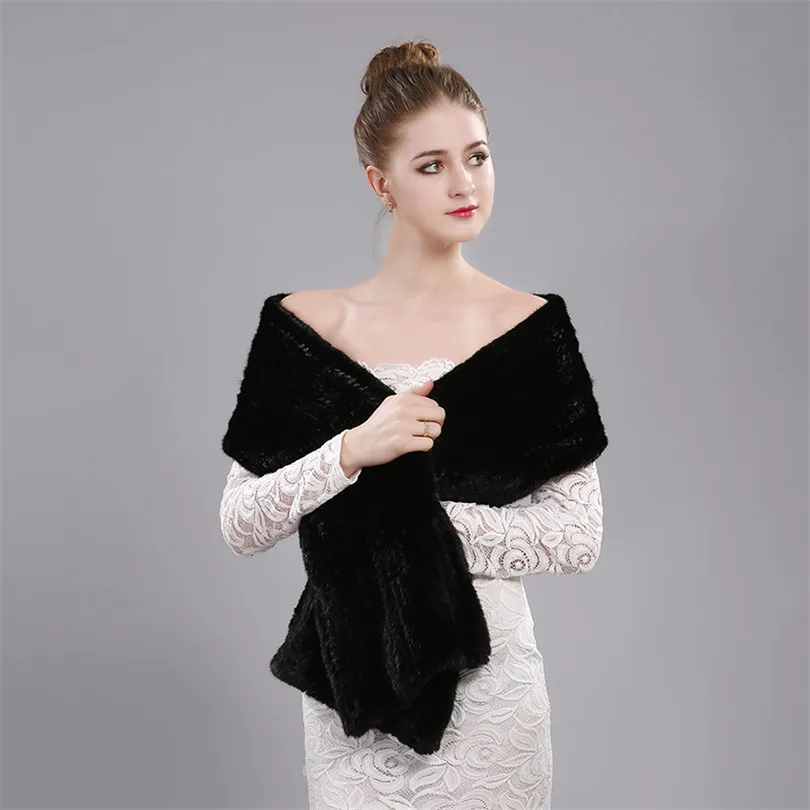 01 black Норковый меховой шарф, вязаный шарф, женские шарфы из пашмины, мягкий, зима, теплый мех, вязаный, новинка, настоящая норковая Женская шаль из натурального меха черного цвета - Цвет: 01 black