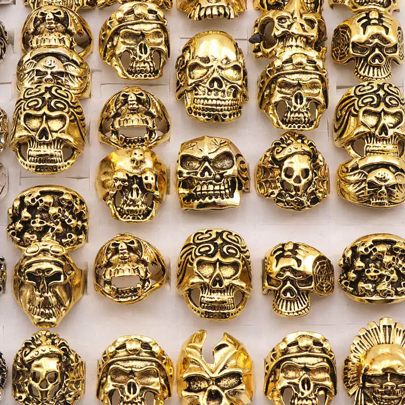 Golden skull rings 20 шт./лот, мужские кольца в стиле панк, байкер, готический череп, металлические ювелирные изделия, размеры от 18 мм до 21 мм(золотое серебро - Цвет основного камня: Golden skull rings