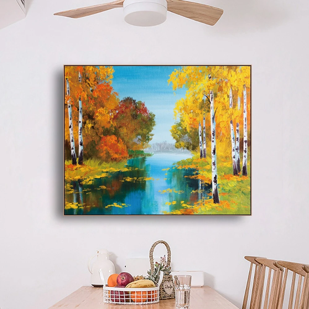 Laeacco Canvas Calligraphy Painting Birch Forest Near the River Posters and Prints Wall Artwork Pictures for Living Room Decor | Дом и сад