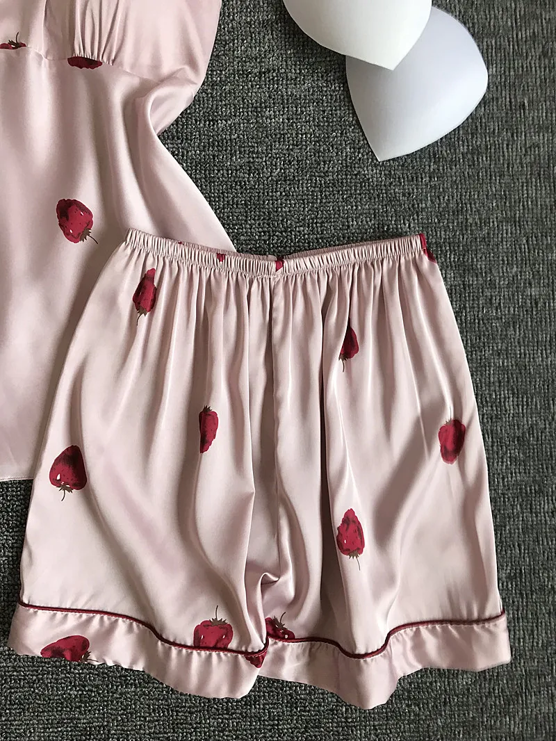 Клубника Parttern Женская атласная пижама шелковая с нагрудники Ночная одежда