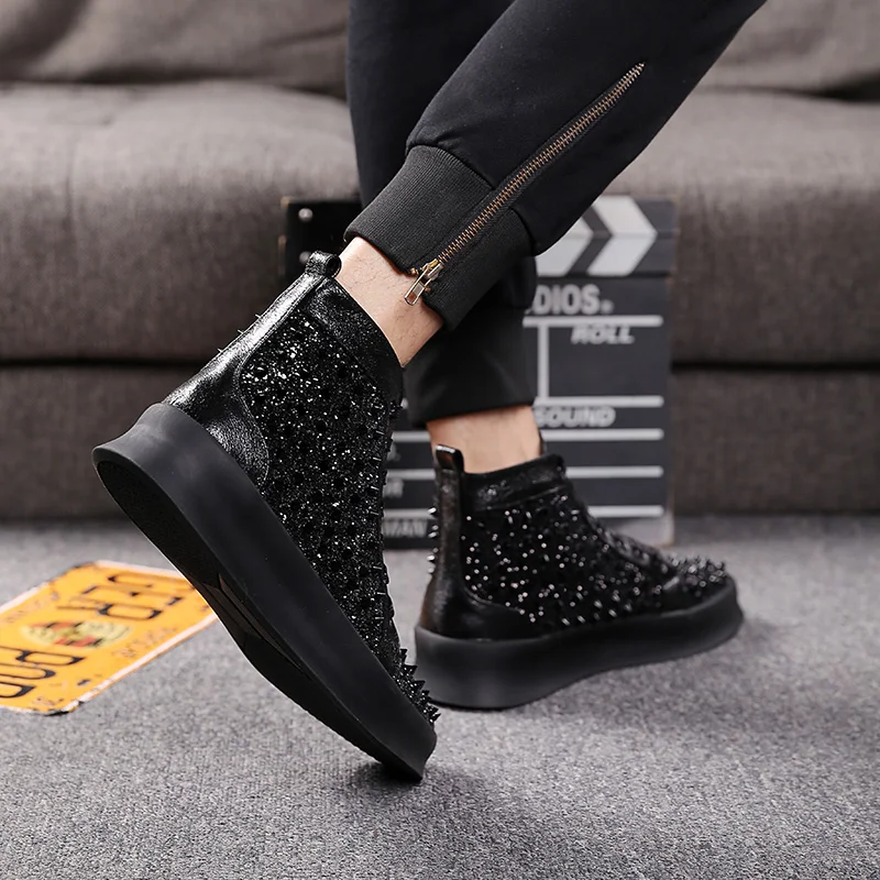 British luxury fashion men party banquet dresses soft leather rivet shoes flat platform shoe personality hip hop ankle boots man