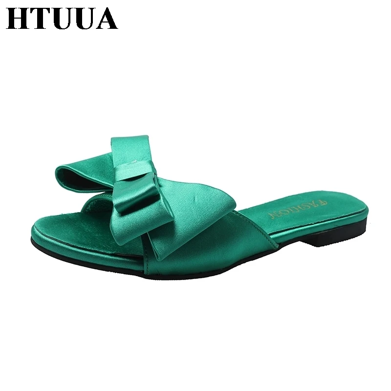 HTUUA/Новинка 2019 года модные атласные женские шлепанцы с бантом Летняя обувь на