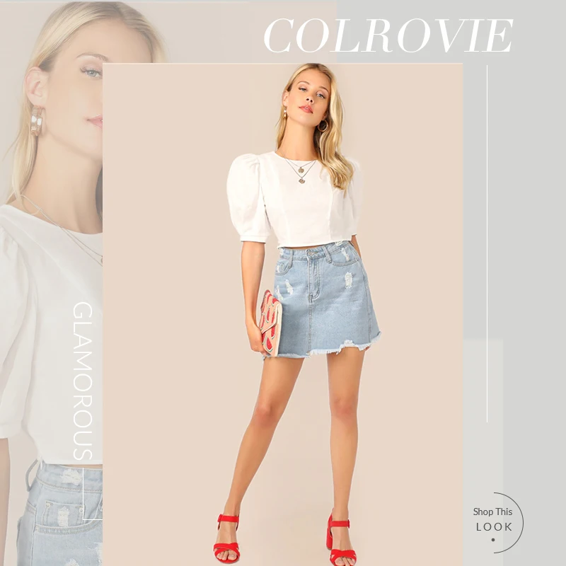 COLROVIE, белый топ с пышными рукавами и замочной скважиной на спине, женская блузка, рубашка, лето, корейская мода, облегающие офисные женские блузки