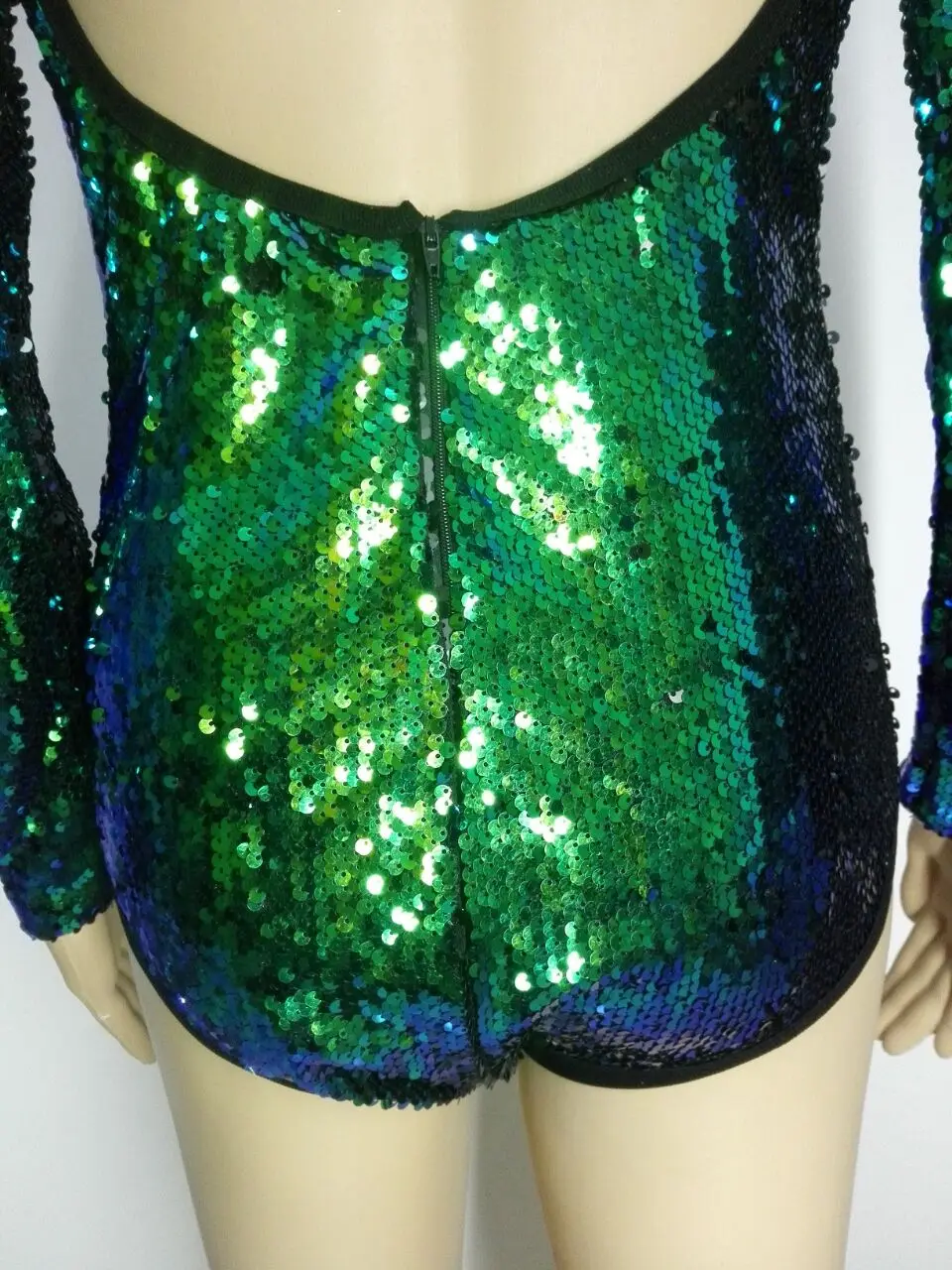 Женский комбидресс с блестками черный/зеленый длинным рукавом для ночного клуба