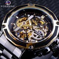 forsining steampunk style mens skeleton watches black automatic mens watch top brand luxury luminous hands horloges mannen