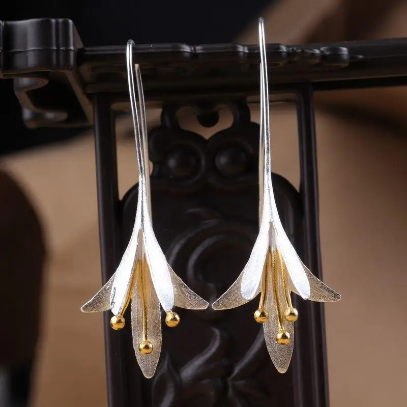 925 sterling silver Форзац из стерлингового серебра 925 пробы, длинные серьги с цветами для женщин, элегантные женские серьги из серебра 925 пробы, модные ювелирные изделия - Окраска металла: 925 sterling silver