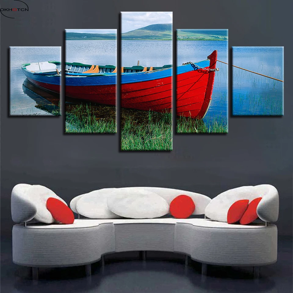 

Printing Poster Modular Canvas Pictures Decor Home Living Room 5 Pieces Ship River Mountain Scenery Paintings Framework Wall Art