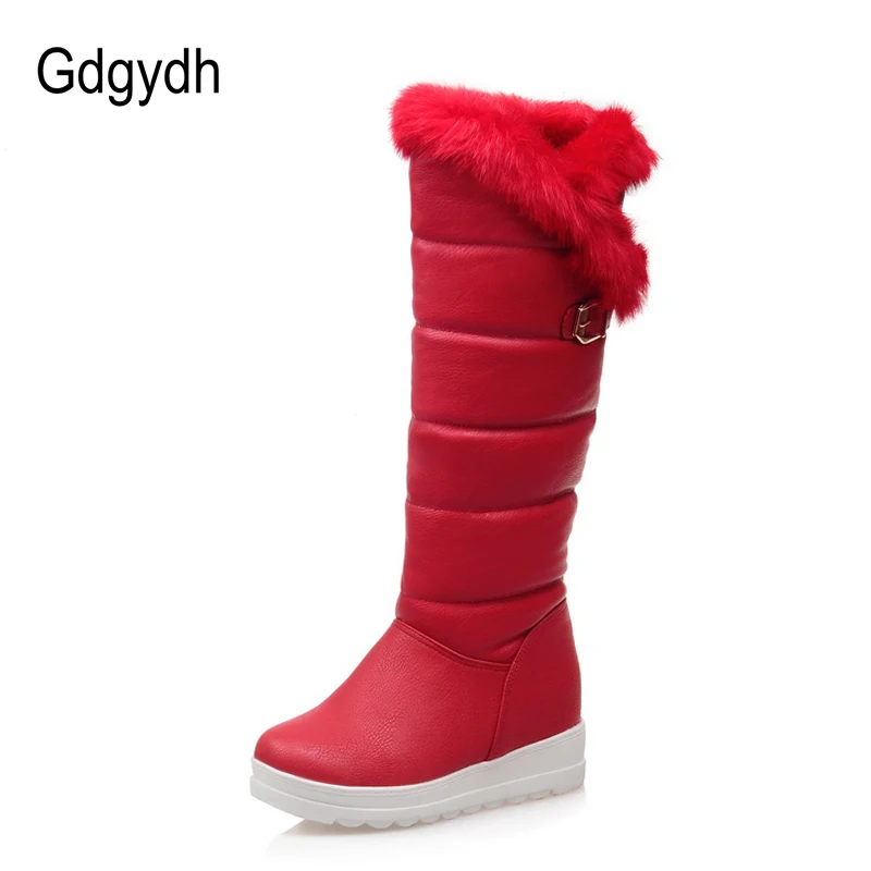 Gdgydh/Сапоги до колена; Красная Зимняя обувь; теплые женские зимние сапоги; женские сапоги на танкетке, визуально увеличивающие рост, с пряжкой; плюш; Большой размер 42