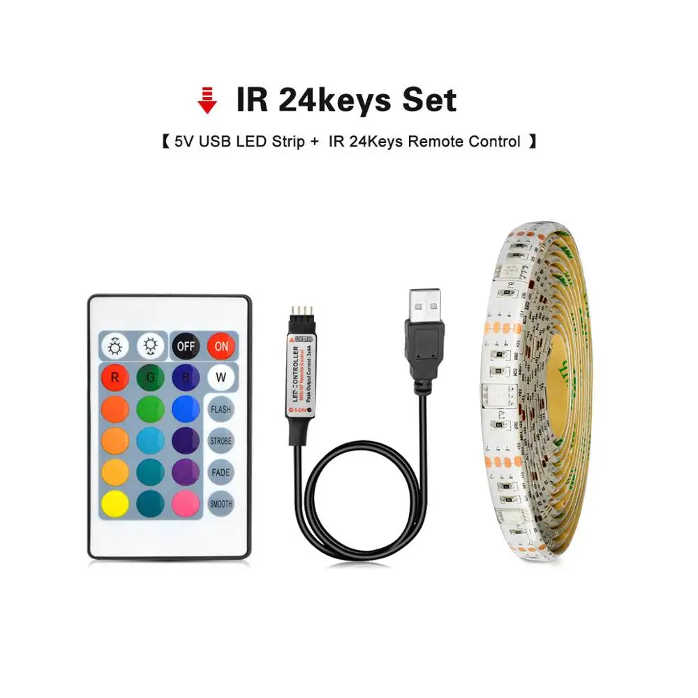 White PCB 24keys DC 5 В 5050 SMD RGB USB СВЕТОДИОДНЫЙ светильник лента 1 м 2 м 3 м 4 м 5 м USB зарядное устройство светодиодный светильник 3 ключа 17key 24key RGB пульт дистанционного управления - Испускаемый цвет: White PCB 24keys