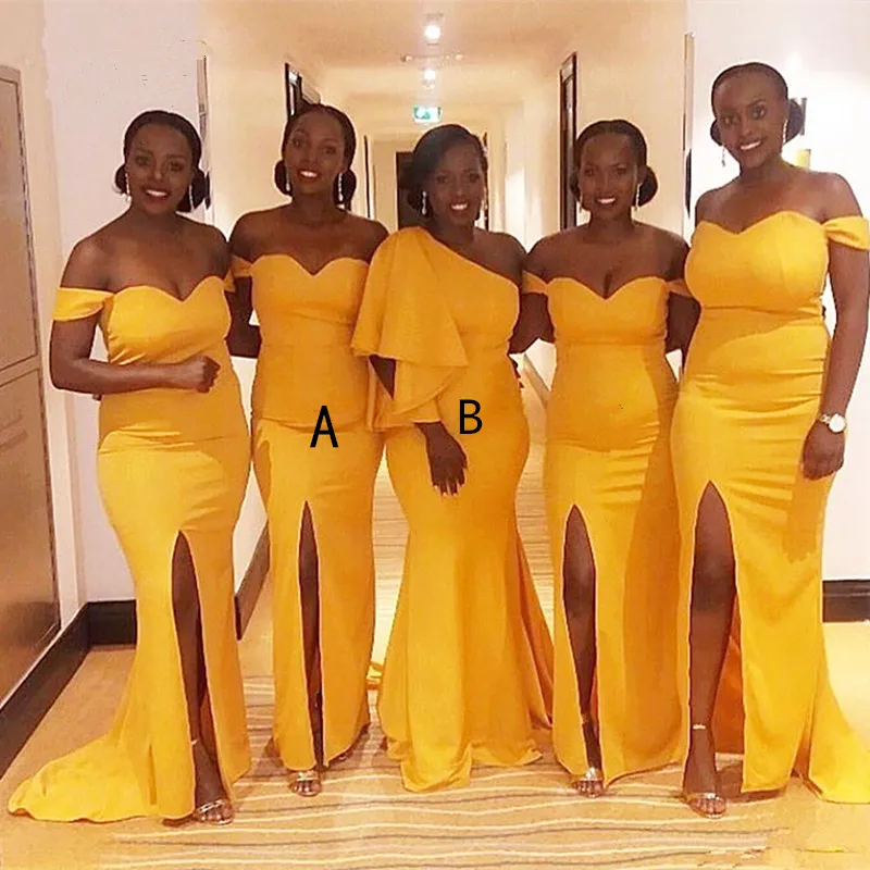 

Cinderella African Yellow Sweetheart Side Slit Sweep Train Satin Mermaid Bridesmaid Dresses Wedding Party Bridesmaid Dresses
