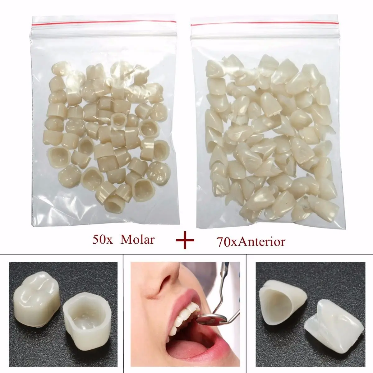 

2 Packs Dental Materials Mixed Temporary Crown 70pcs Anteriors Front + 50pcs Molar Posterior Veneers Teeth Dentist Products