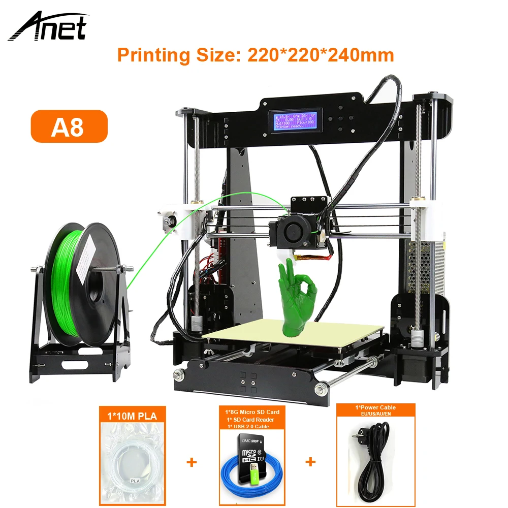 Горячая с фабрики Anet A8 Cura настольный 3d принтер с sd-картой 2004 lcd низкая шумная Высокая точность с sd-картой печати 220*220*250 мм
